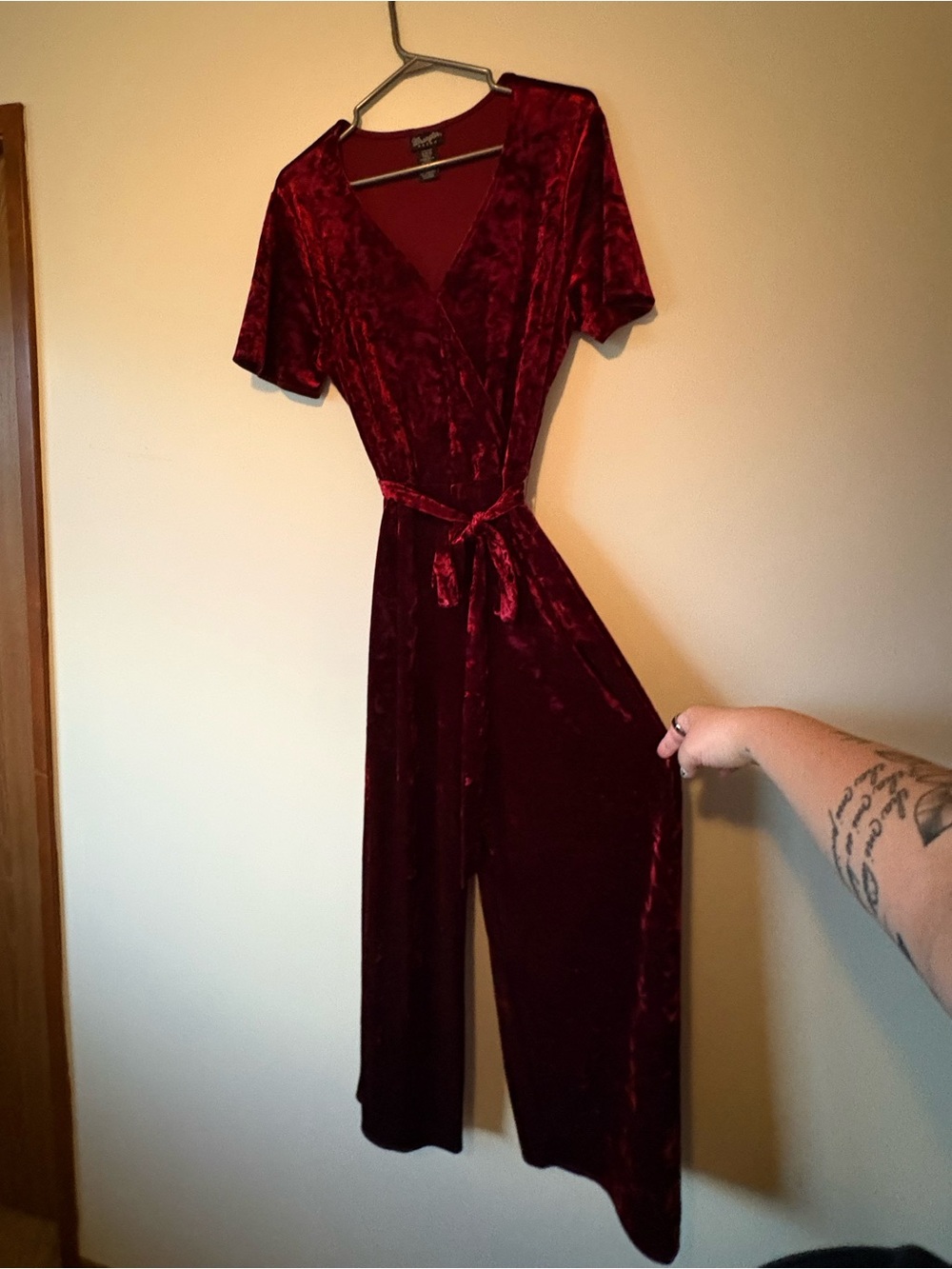 Wrangler Retro Velvet Wrap Jumpsuit in Burgundy